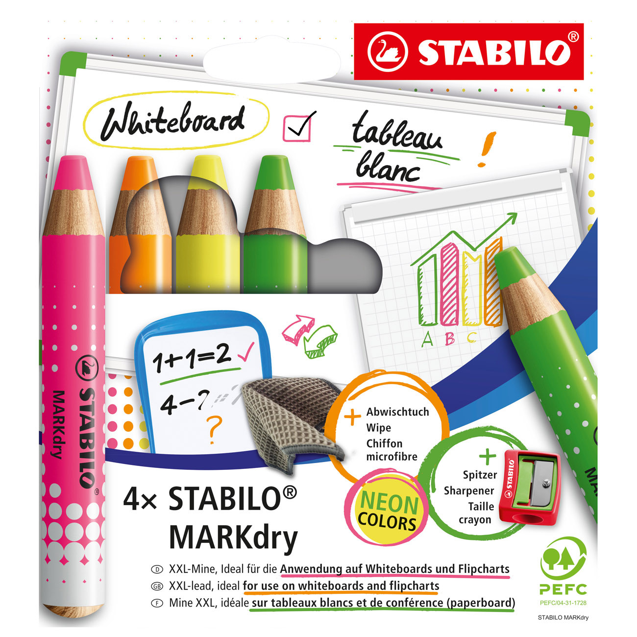 Stabilo MarkDry Crayon marqueur effaçable à sec PEFC pour tableau blanc - Etui de 4 coloris néon fluo assortis