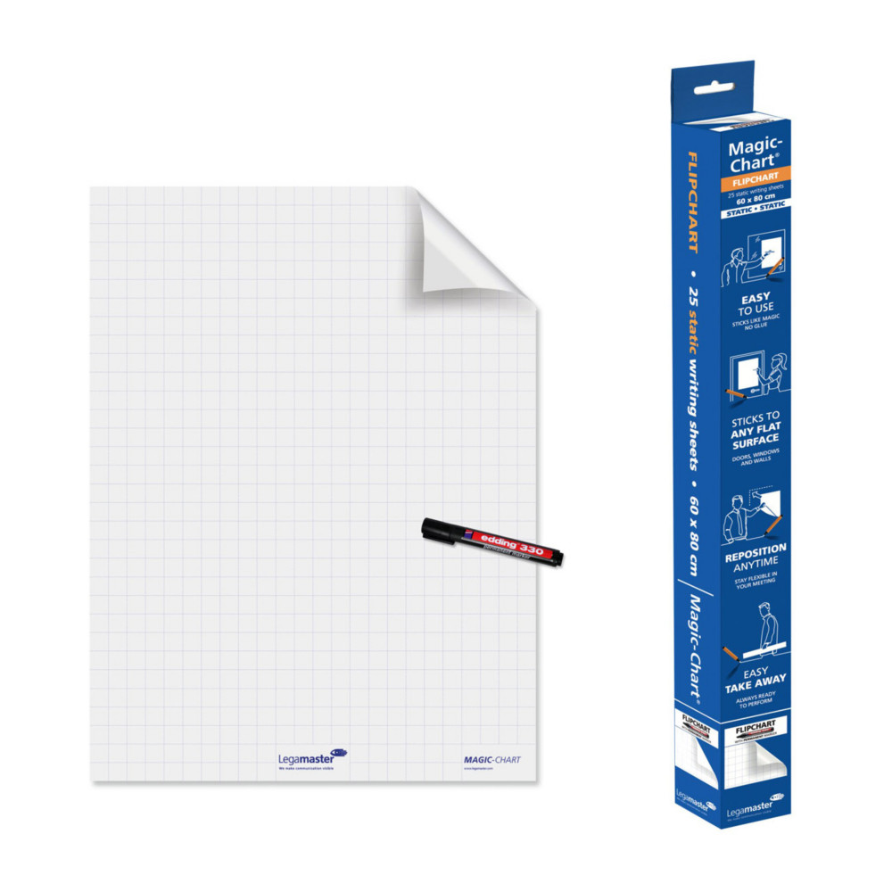 Legamaster Feuilles lectrostatiques Magic-Chart - Version quadrille  - Rouleau de 25 feuilles - L.60 x H.80 cm