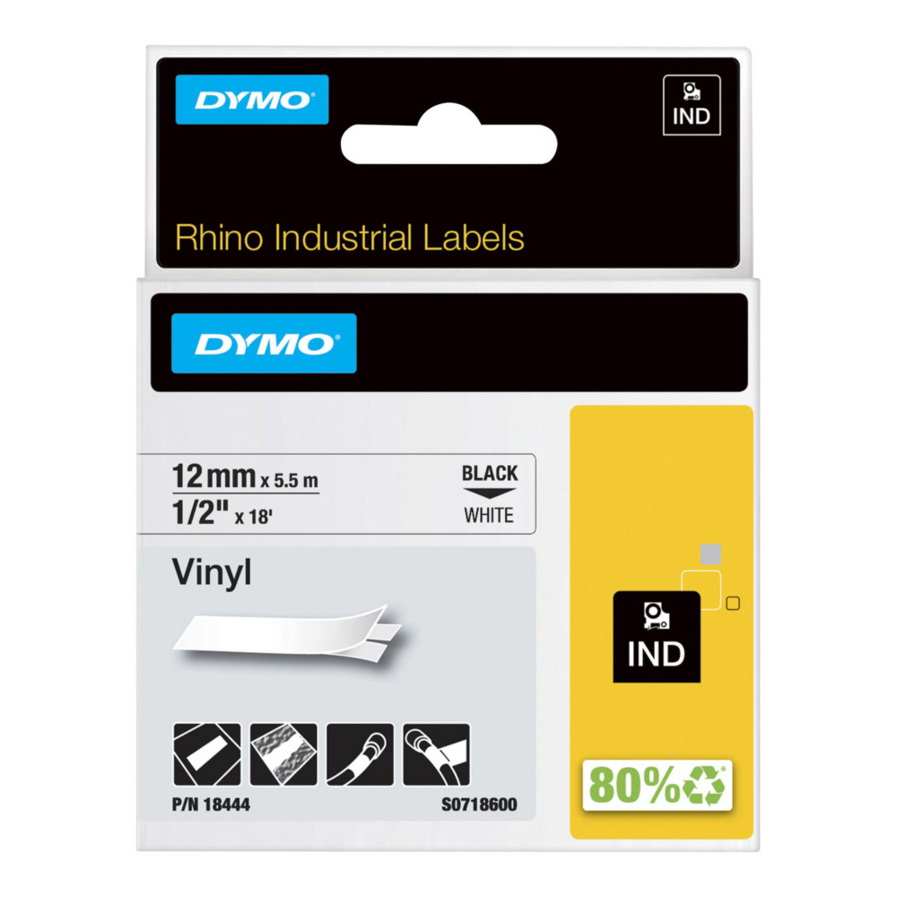 Dymo tiquettes autocollantes en vinyle Rhino S0718600 - 12 mm x 5,5 m - Noir sur Blanc