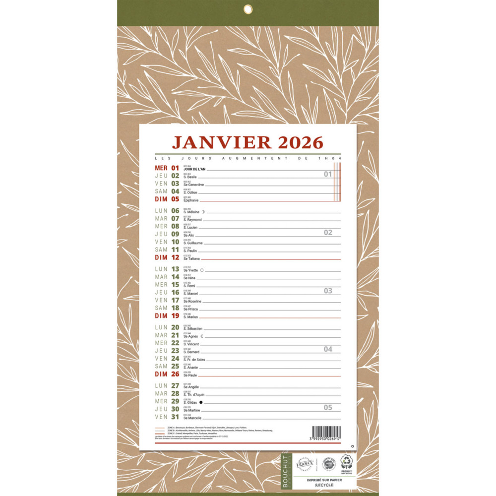 Bouchut Bloc mensuel Natura - 19 x 36 cm - 2026