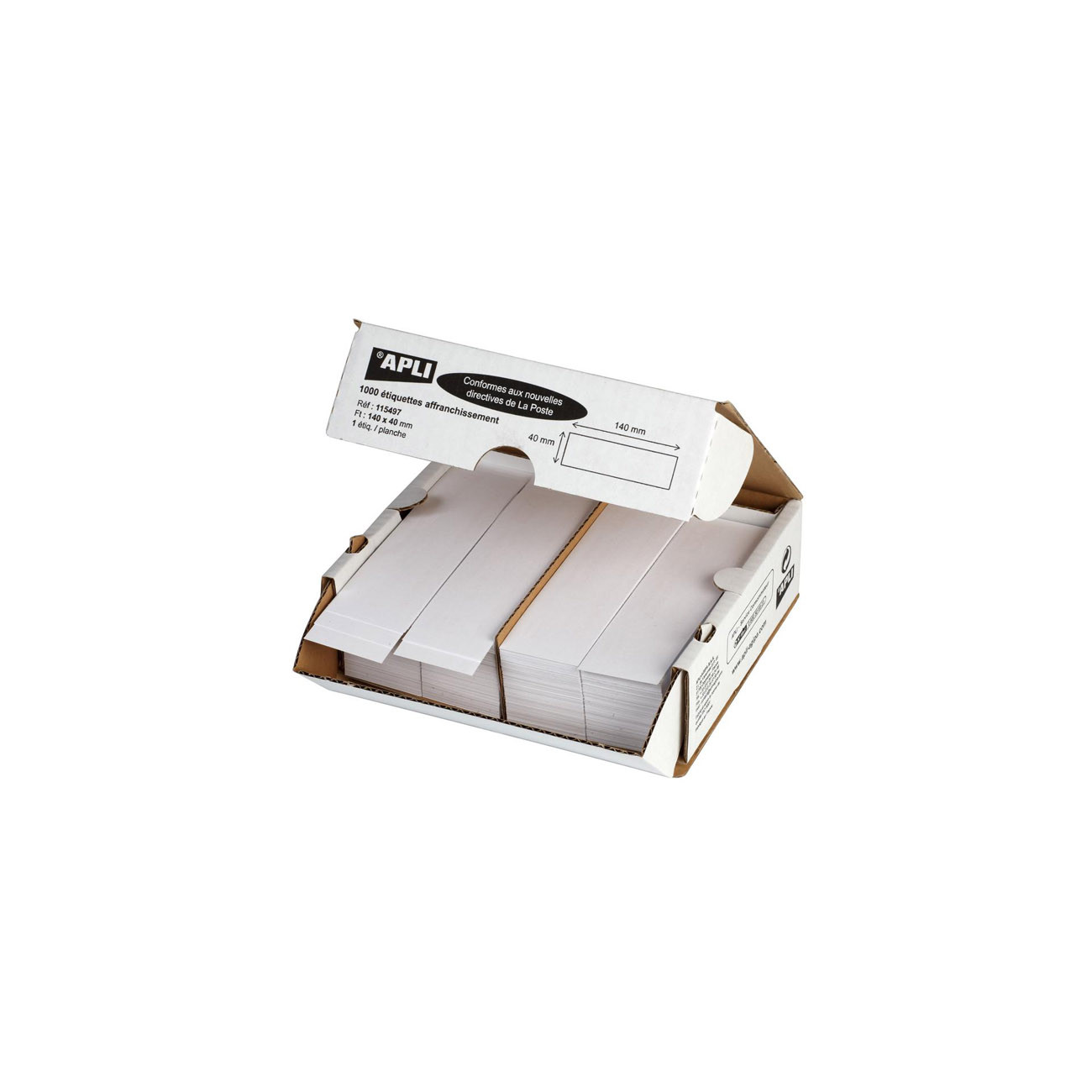 APLI Etiquette d'affranchissement blanche pour machine à affranchir - 115497 - 140 x 40 mm - 1 pose - Boîte de 1000