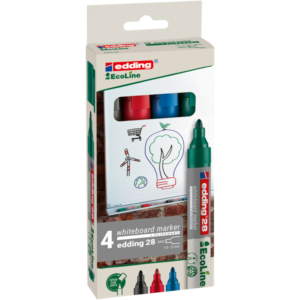 edding 28 EcoLine Marqueur effaable tableau blanc - 90% de plastique recycl - pointe ogive 1,5 - 3 mm - Pochette 4 couleurs