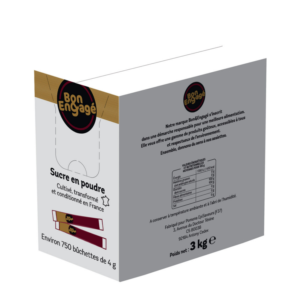 Bon & Engag Sucre en poudre en bchette de 4 g - 1 bote de 3 kg avec 750 sachets
