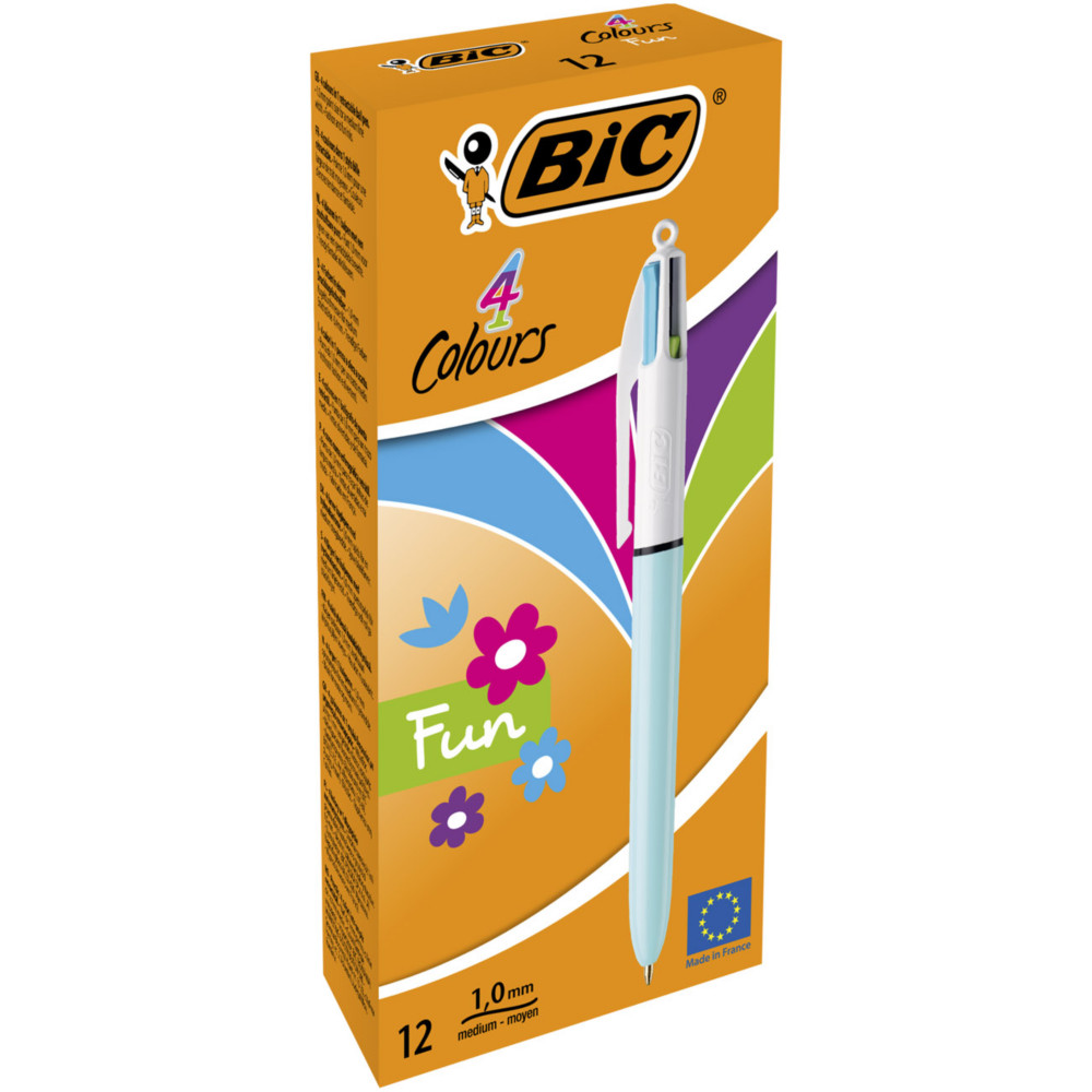 BIC 4 couleurs Fun Stylo bille rtractable pointe moyenne 1 mm - Corps Turquoise