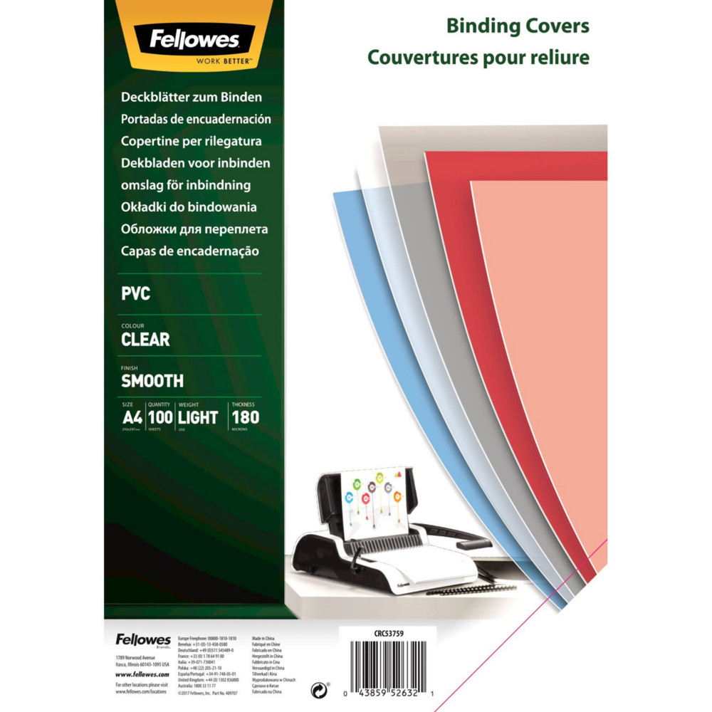 Fellowes Couvertures de reliure transparentes A4 PVC 180 microns - bote de 100
