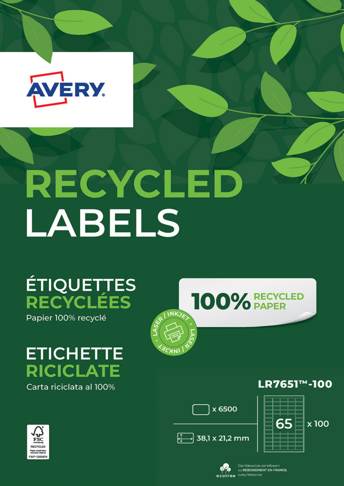Avery LR7651 Etiquettes adresses blanches 100% recycles 38,1 x 21,2 mm - Bote de 6500
