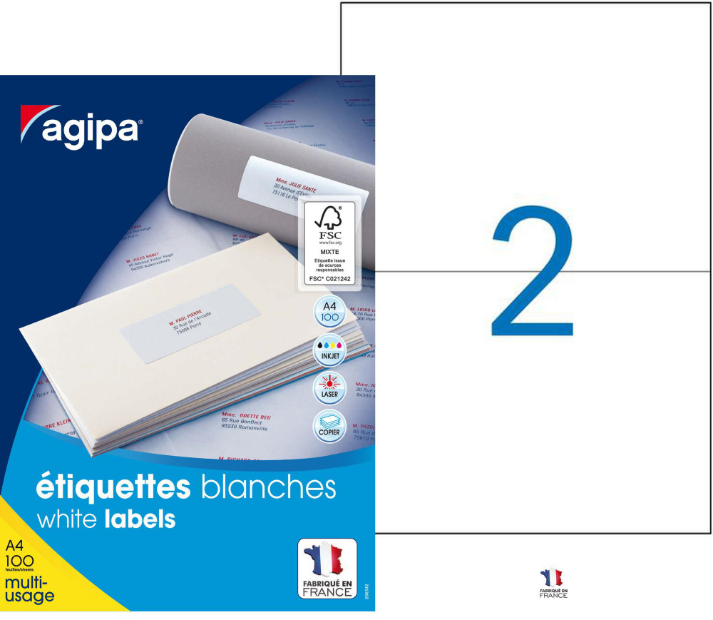 AGIPA 119016 Etiquettes blanches multi-usage 210 x 148,5 mm - Bote de 200