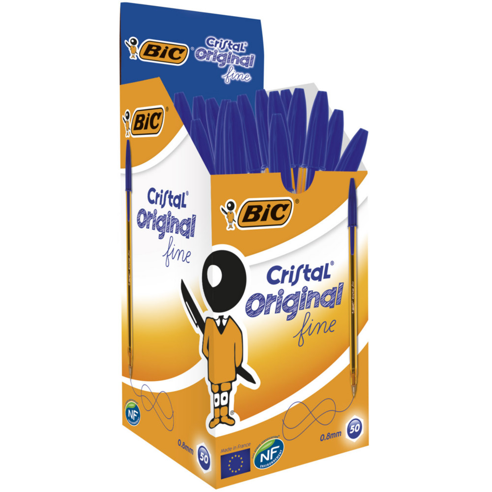 BIC Cristal Original Stylo bille  capuchon - pointe fine 0,8 mm - Bleu