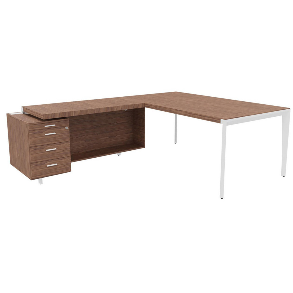 Bureau d'angle direction Arold 172 x 234 avec retour caisson porteur  gauche Placage bois noyer - Pitement mtal blanc