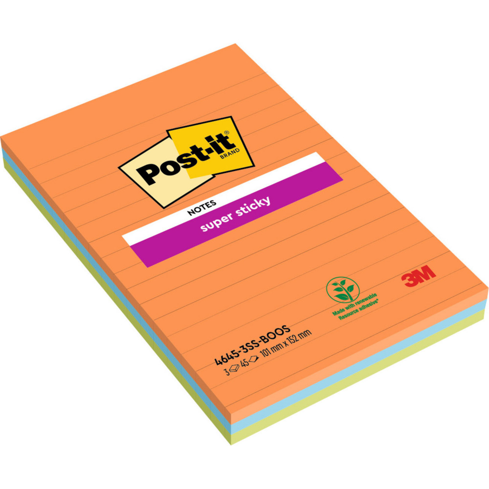 Post-it Note de Runion Super Sticky Lignes Rectangle 102 x 152 mm Assortis Vifs - lot de 3 blocs de 45 Feuilles
