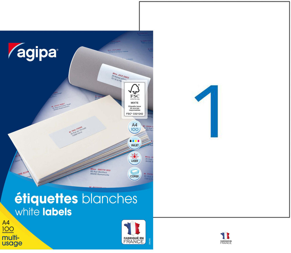 AGIPA 119004 Etiquettes blanches multi-usage A4 210 x 297 mm - Bote de 100