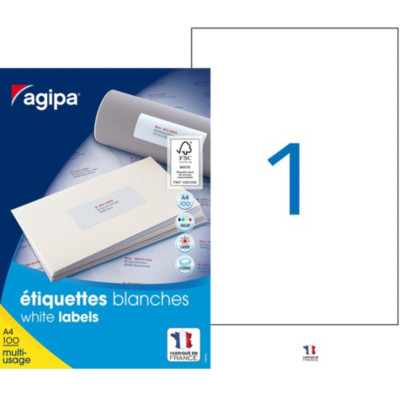 AGIPA 119004 Etiquettes blanches multi-usage A4 210 x 297 mm - Boîte de 100