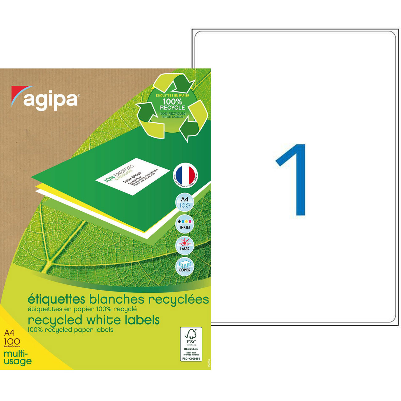 AGIPA 102651 Etiquettes blanches recyclées multi-usage 199,6 x 289,1 mm - Boîte de 100