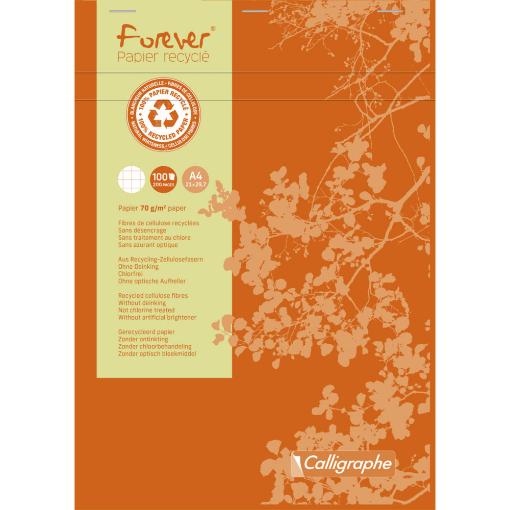 Calligraphe Bloc notes agraf Forever A4 21 x 29,7 cm - 70g - Papier recycl & certifi - Petits carreaux 5x5 - 200 pages