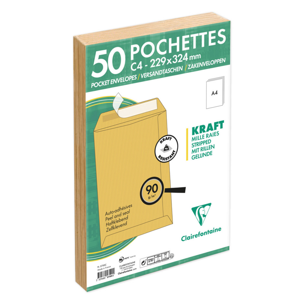 Clairefontaine Pochette kraft brun recycle 229 x 324 mm 90g sans fentre - Autocollante avec bande protectrice - Lot de 50