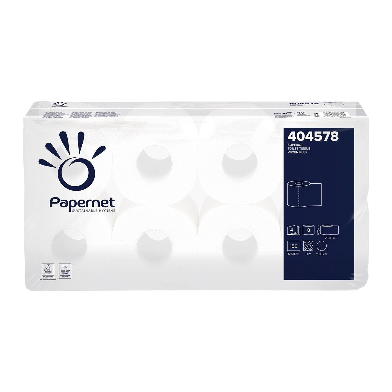 Papernet Papier toilette en rouleaux 4 plis pure ouate de cellulose - Rouleaux de 150 feuilles - 404578 - Blanc - Paquet de 8 rouleaux