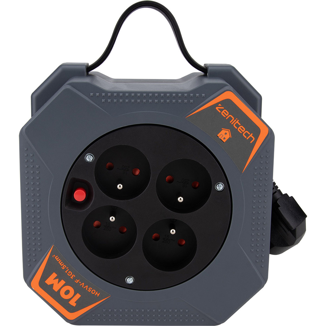 Zenitech Enrouleur compact multiprise 4 prises secteur 16A avec coupe circuit - Câble de 10 m - Noir