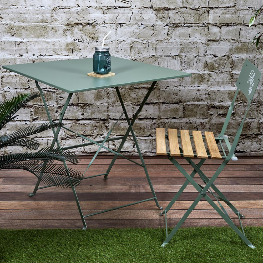 Pack table carre + 2 chaises pliantes Sicile en mtal Usage extrieur - Kaki