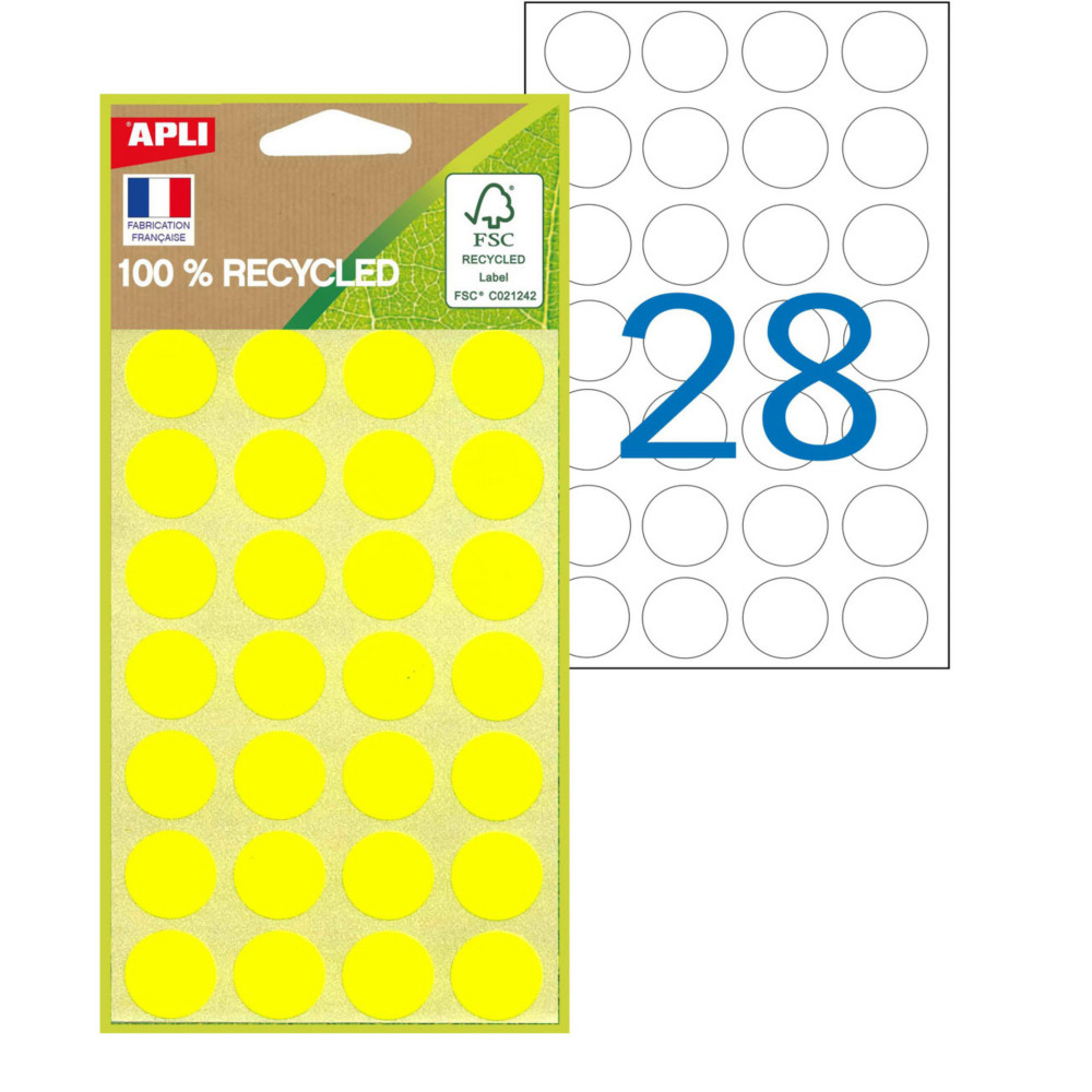 APLI Pastilles adhsives recycles  15 mm - 101785 - Pochette de 168 - Jaune
