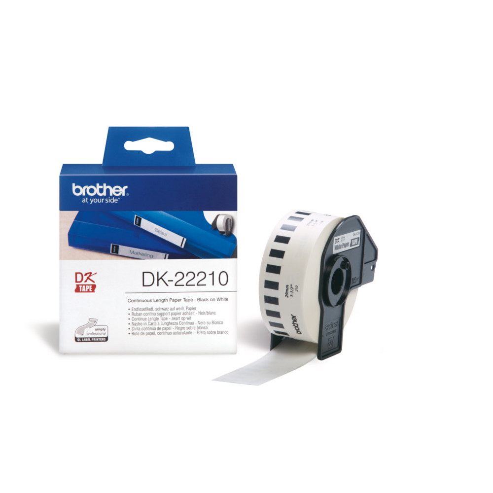 Brother Ruban continu DK22210 pour imprimante QL - support papier adhsif 62mmx30m  - Noir sur blanc