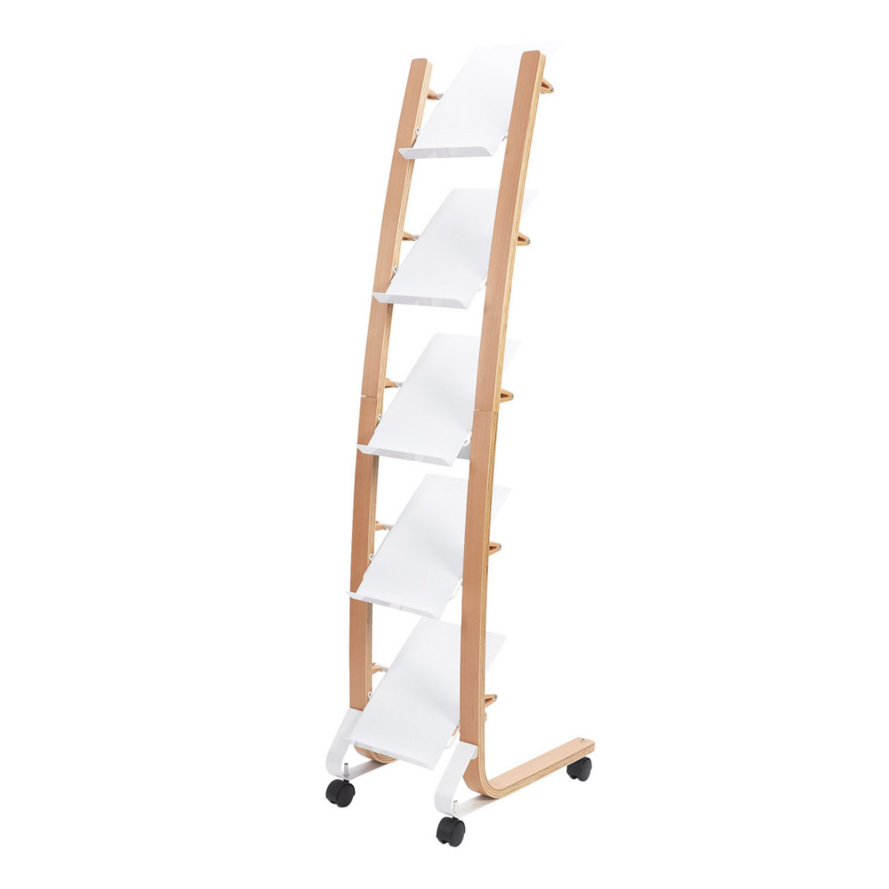 Prsentoir Expo Slim mobile sur roulettes pour documents - 5 compartiments A4 - Bois FSC & ABS blanc