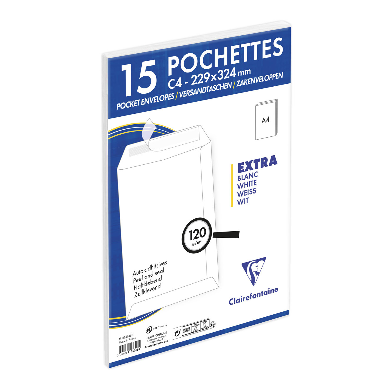 Clairefontaine+Pochette+blanche+recyclee+C4+229+x+324+mm+120g+sans+fenetre+-+Autocollante+avec+bande+protectrice+-+Lot+de+15