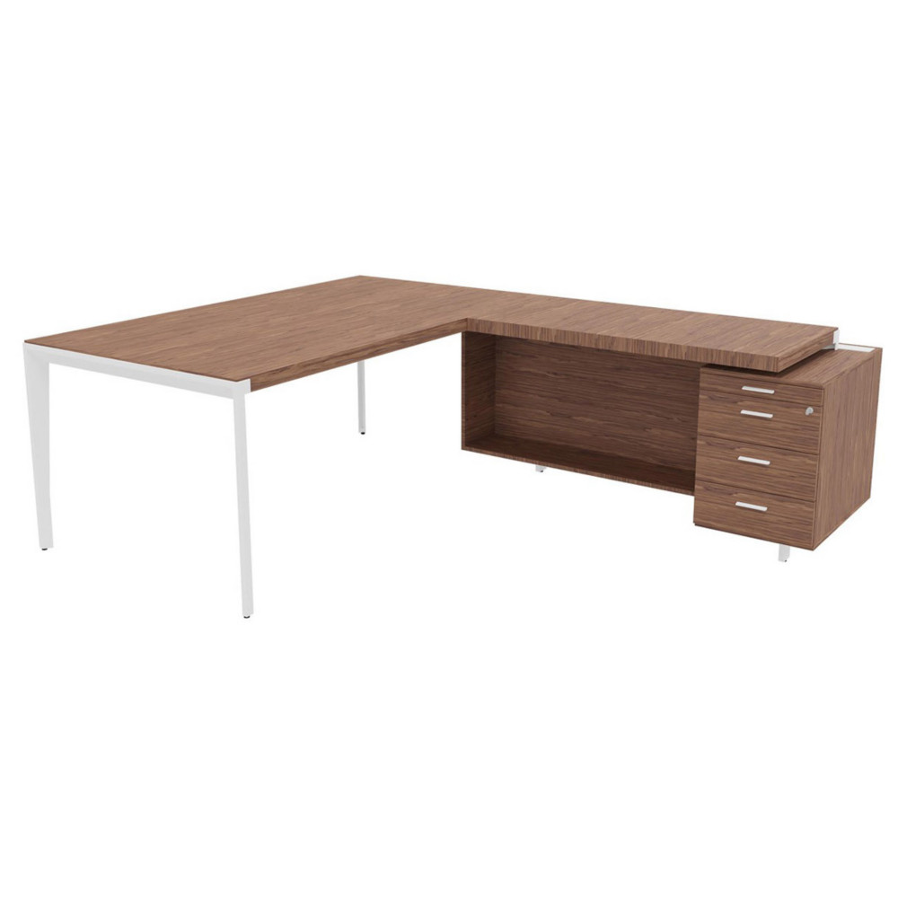 Bureau d'angle direction Arold 192 x 234 avec retour caisson porteur  droite Placage bois noyer - Pitement mtal blanc