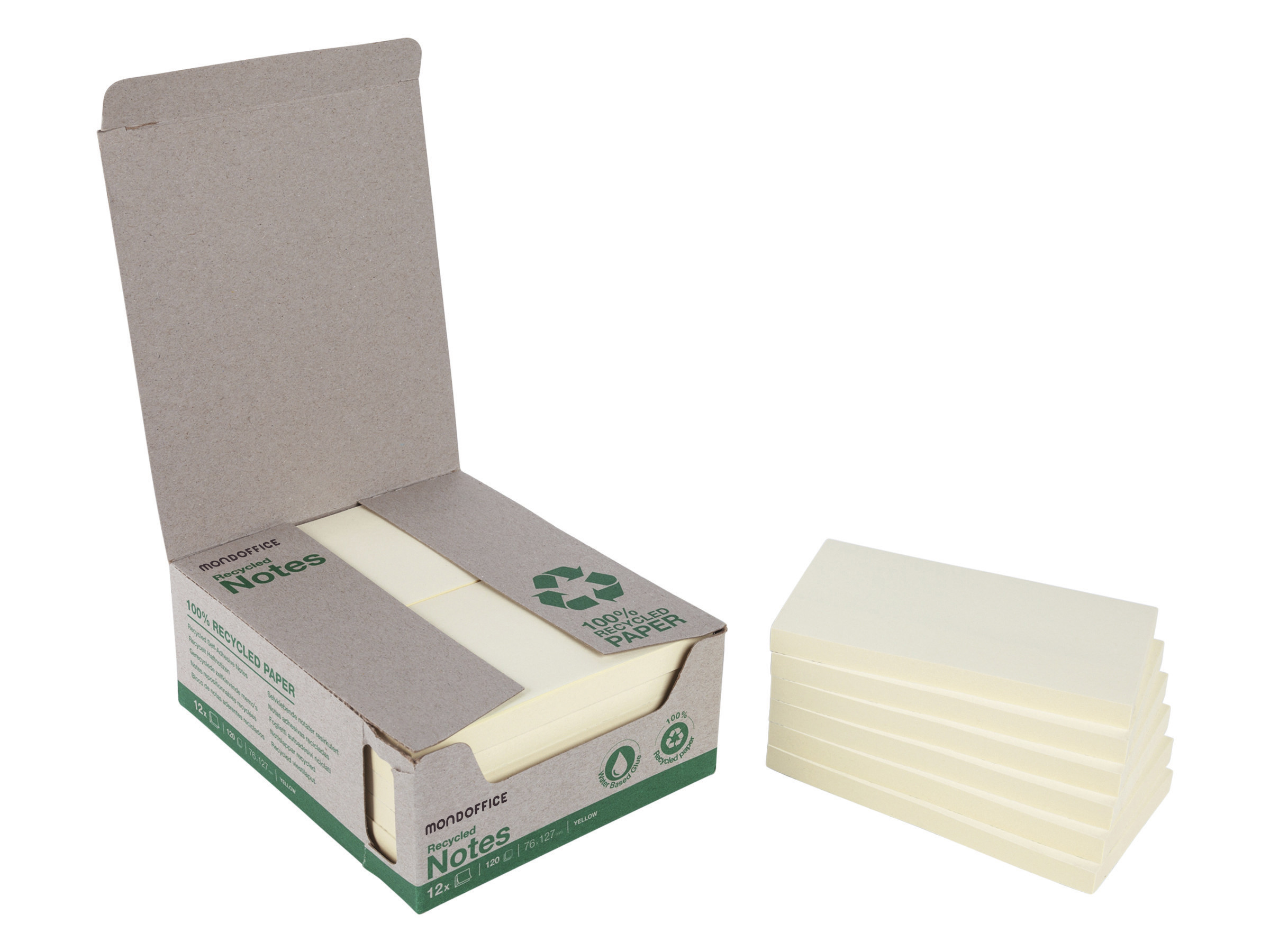 MONDOFFICE Notes repositionnables 100% recyclées 76 x 127 mm - Jaune Pastel - Lot 12 blocs de 100 feuilles