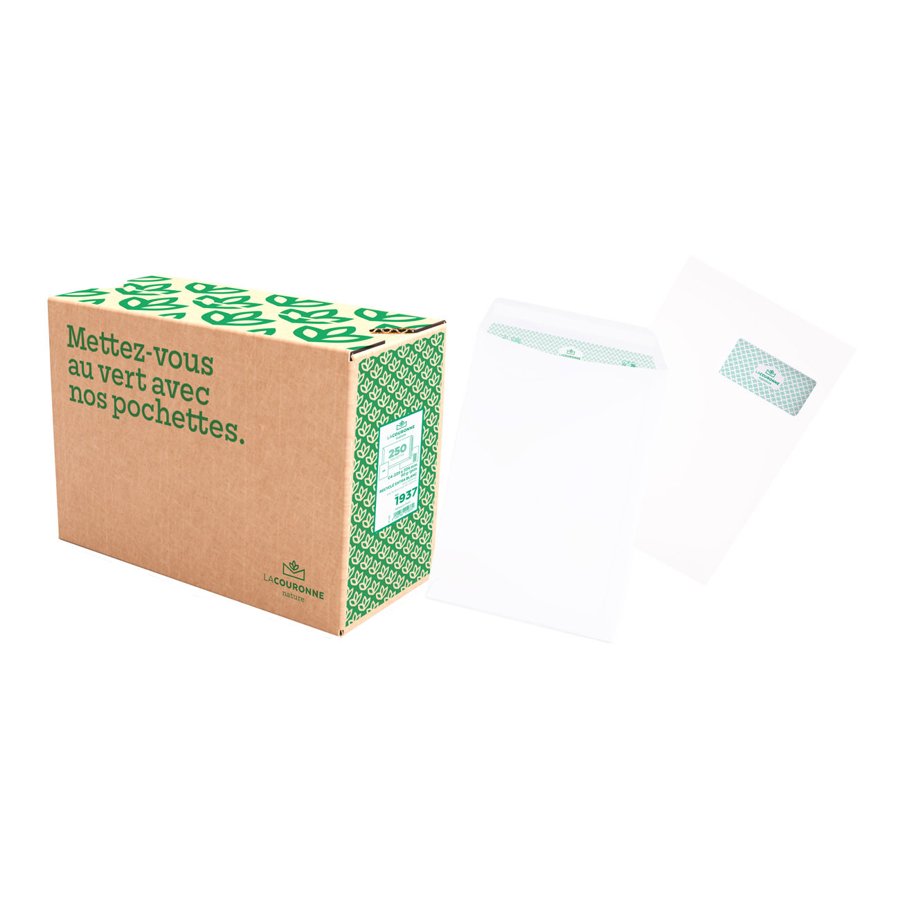 La Couronne Pochette blanches recyclées C4 - 229 x 324 mm 90g - Fenêtre 110 x 50 mm - Autocollante bande protectrice - Lot de 250