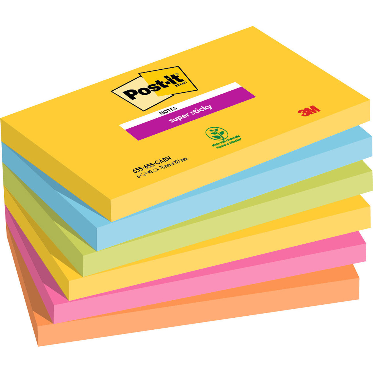 Post-it Notes repositionnables Super Sticky Carnival 76 x 127 mm - Assorties - Lot 6 blocs de 90 feuilles