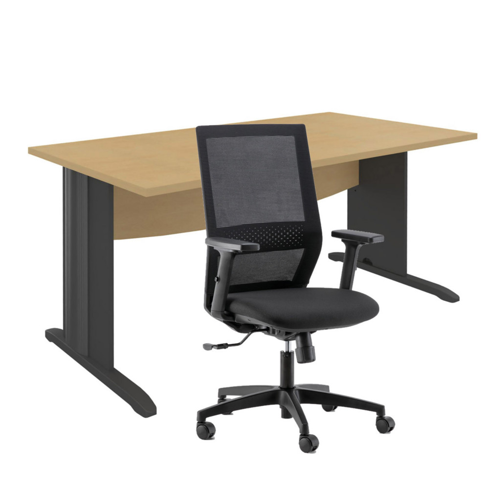 Pack Bureau droit Activity Mtal L.160 x P.80 cm Plateau Htre - Pieds L Anthracite + Sige Tho maille / Tissu Noir