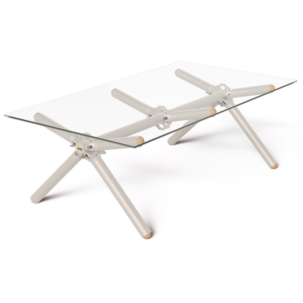 Table basse Xylan 6 personnes L. 140 x l. 75 x H. 50cm - Plateau en verre - Structure et pieds perle