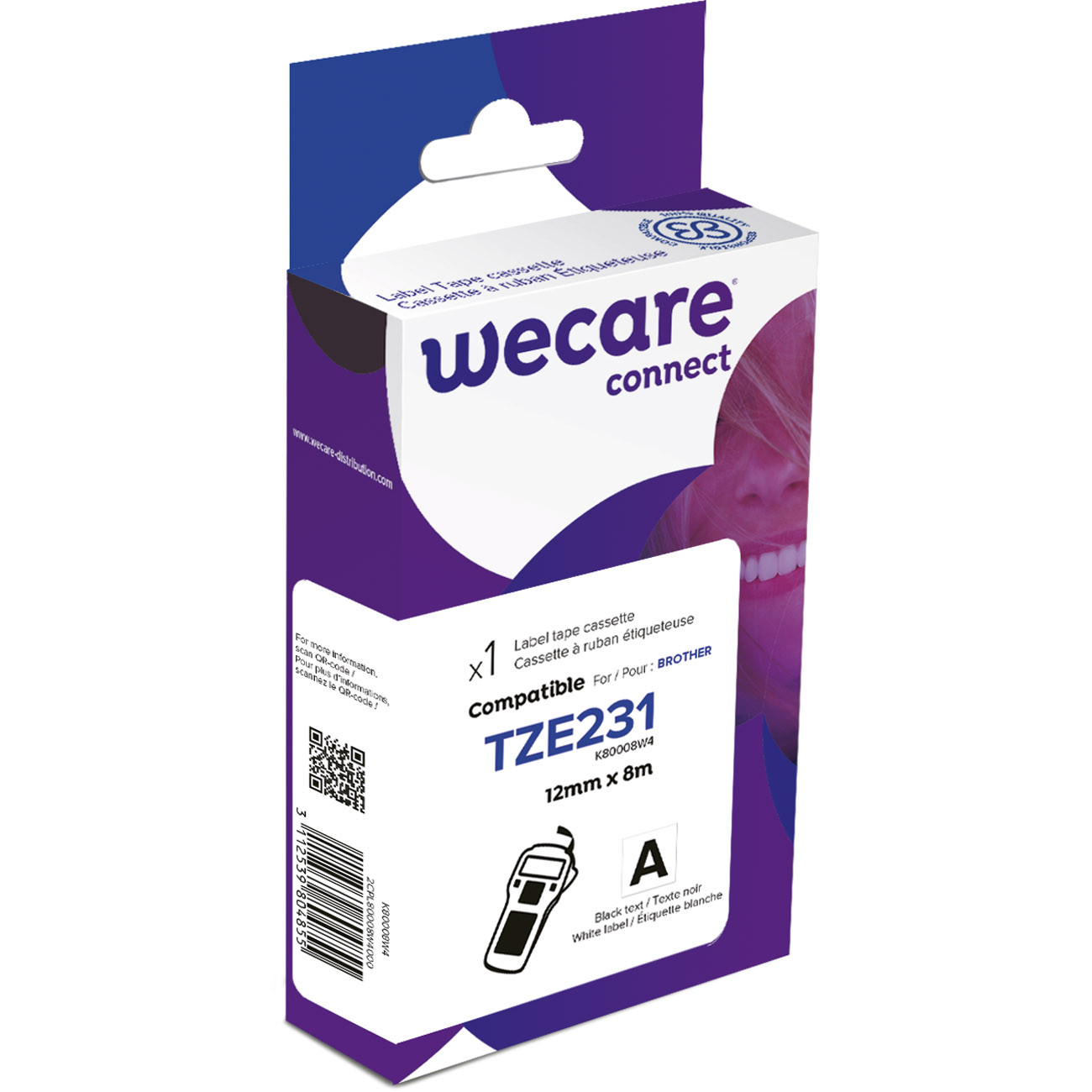 Wecare Ruban compatible Brother TZe-231 - 12 mm x 8 m - K80008W4 - Noir sur Blanc