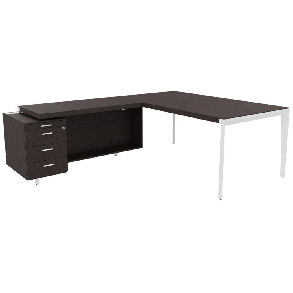Bureau d'angle direction Arold 172 x 234 avec retour caisson porteur  gauche Placage bois bne - Pitement mtal blanc