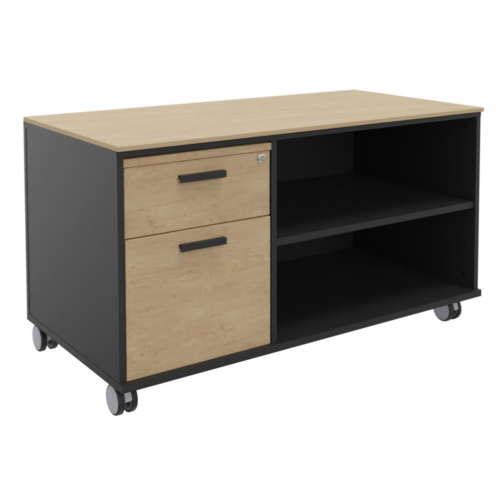 Meuble bas console mobile sur roulettes Rha - L. 120 x P. 60 x H. 66 cm - 2 tiroirs - Corps Carbone - Tiroirs Chne