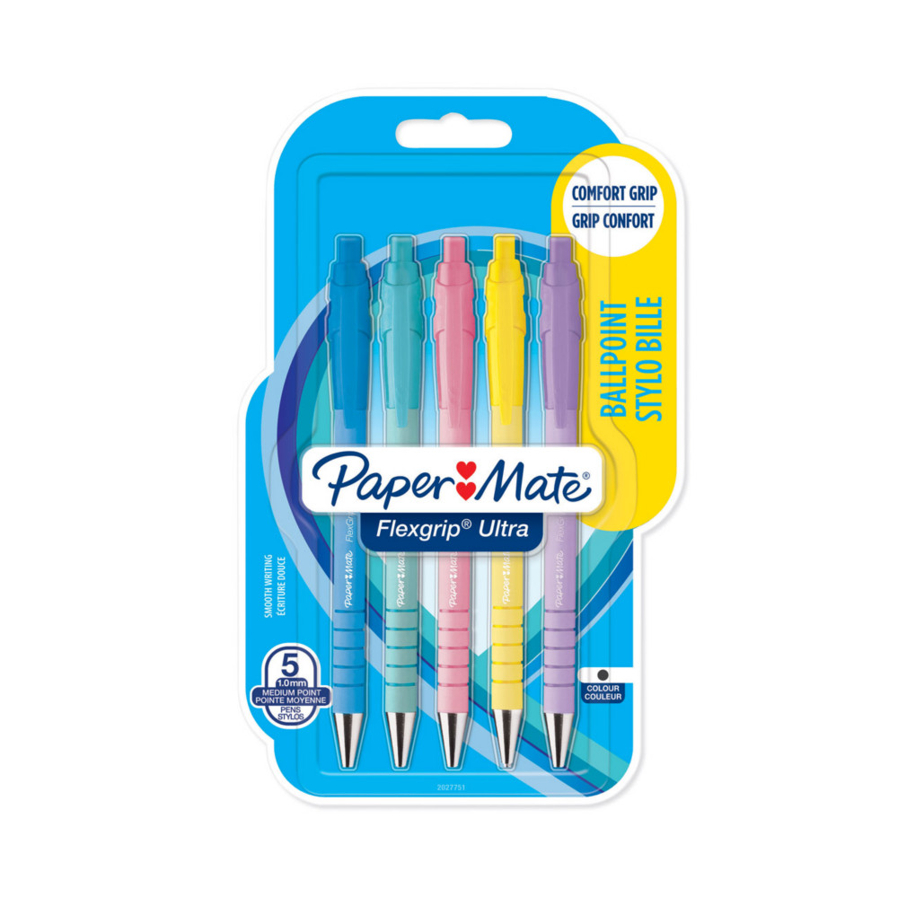 Paper Mate Flexgrip Ultra RT Stylo bille rtractable pointe moyenne 1 mm encre noire - lot de 5 couleurs pastel assorties