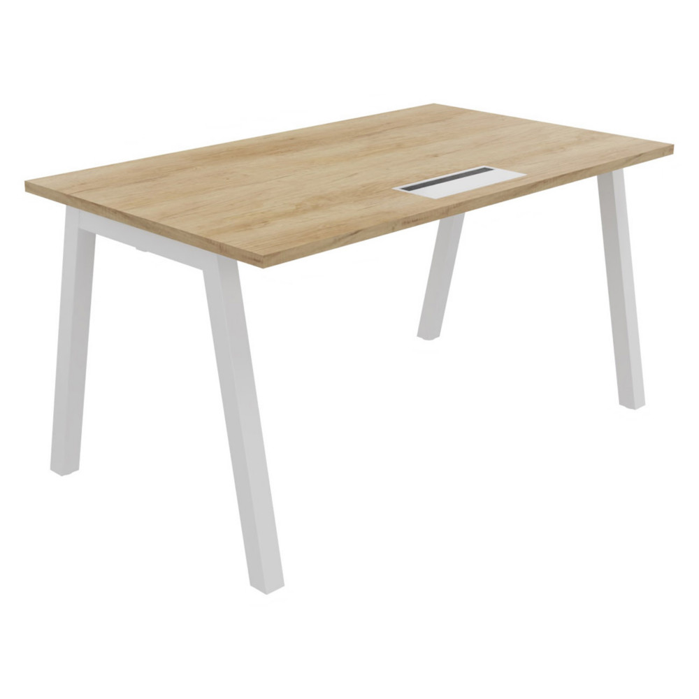 Bureau droit Burocolor A avec trappe d'accs - L.140 x P.80 cm - Plateau Chne Nebraska - Pieds  Blanc