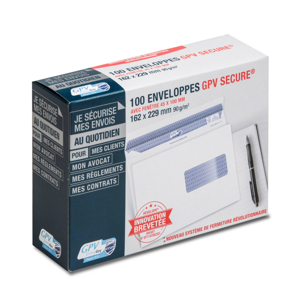 GPV Enveloppe blanche C5 162 x 229 mm 90g fentre 45 x 100 mm - Secure autocollant sans bande - Lot de 100