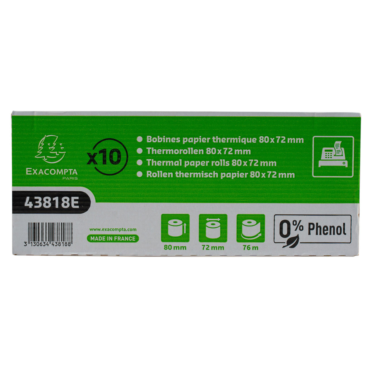 Exacompta Bobine tickets de caisse 80 x 72 x 12 mm Longueur Rouleau papier thermique 1 pli 48g sans phénol Lot de 10
