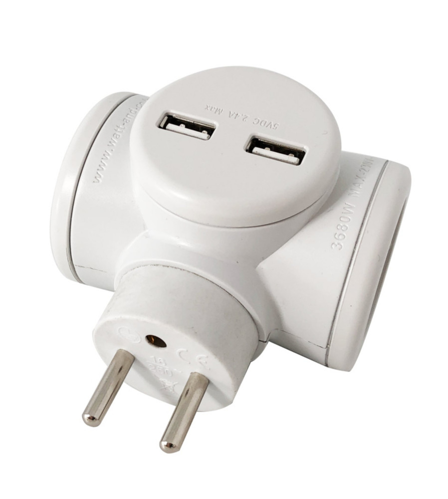 Watt & Co Multiprise rotative 2 prises lectriques + 2 ports USB - Blanc