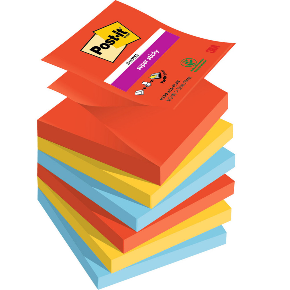 Post-it Notes repositionnables Z-Notes Super Sticky Playful 76 x 76 mm - Assorties - Lot 6 blocs de 90 feuilles