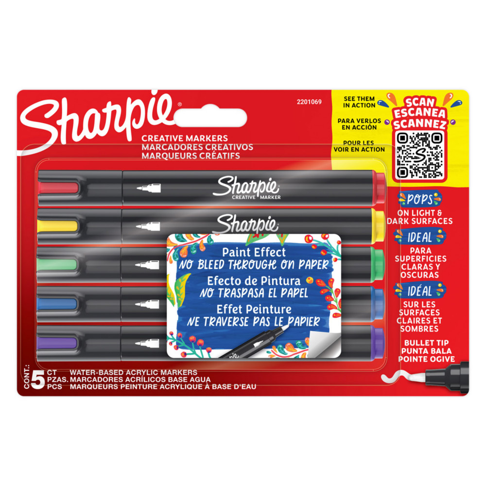 Sharpie Marqueurs cratifs  peinture acrylique - Pointe ogive - Pochette de 5 coloris assortis