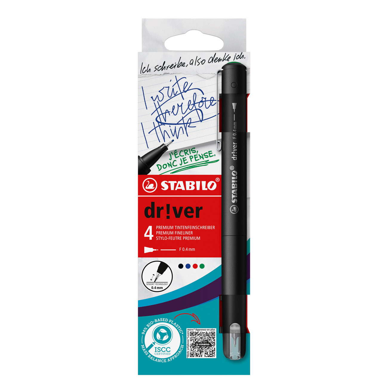STABILO Stylo-feutre Dr!ver pointe fine (0,4 mm) - Corps en plastique biosourcé - Pochette de 4 couleurs
