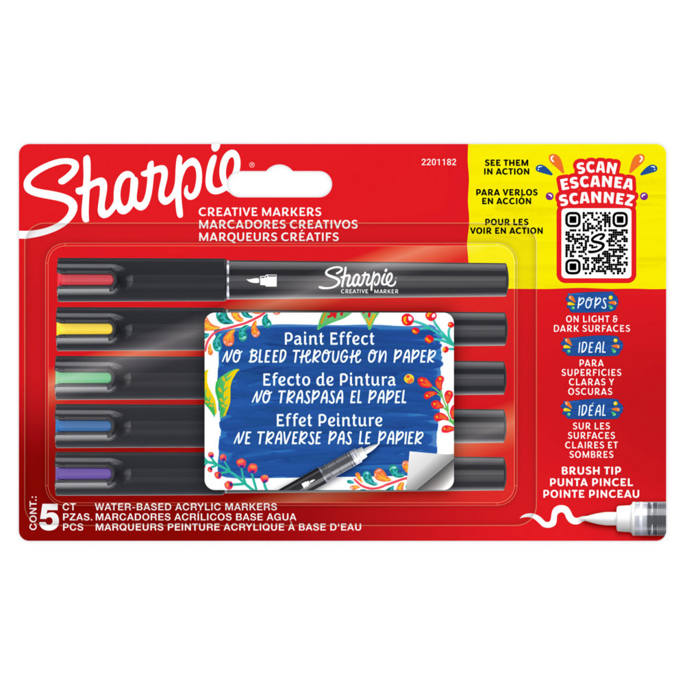 Sharpie Marqueurs cratifs Brush  peinture acrylique - Pointe pinceau - Pochette de 5 coloris assortis