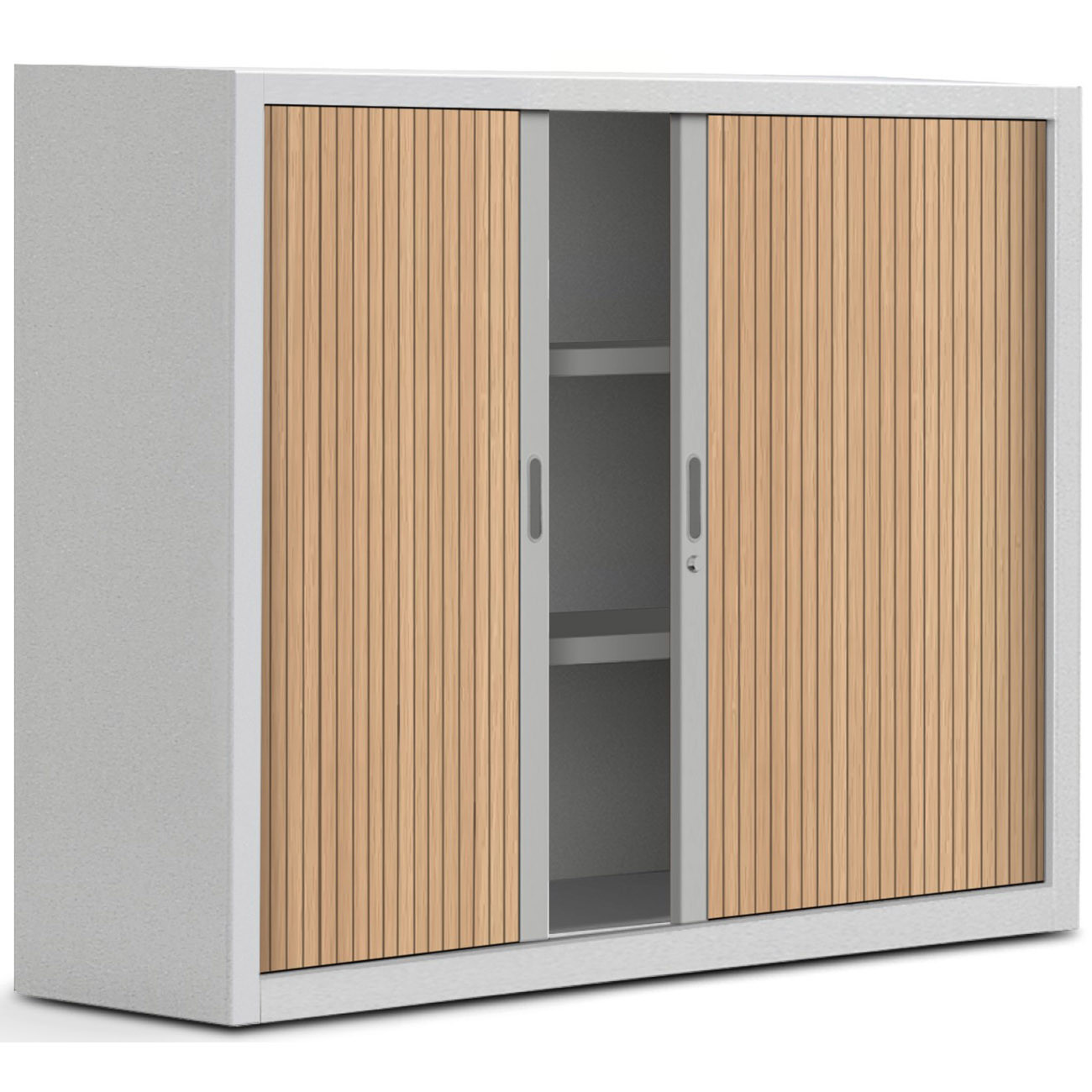 Armoire+à+rideaux+metal+Officlass+2+-+H.100+x+L.120+cm+-+2+Tablettes+-+Corps+Gris+-+Rideaux+Hetre