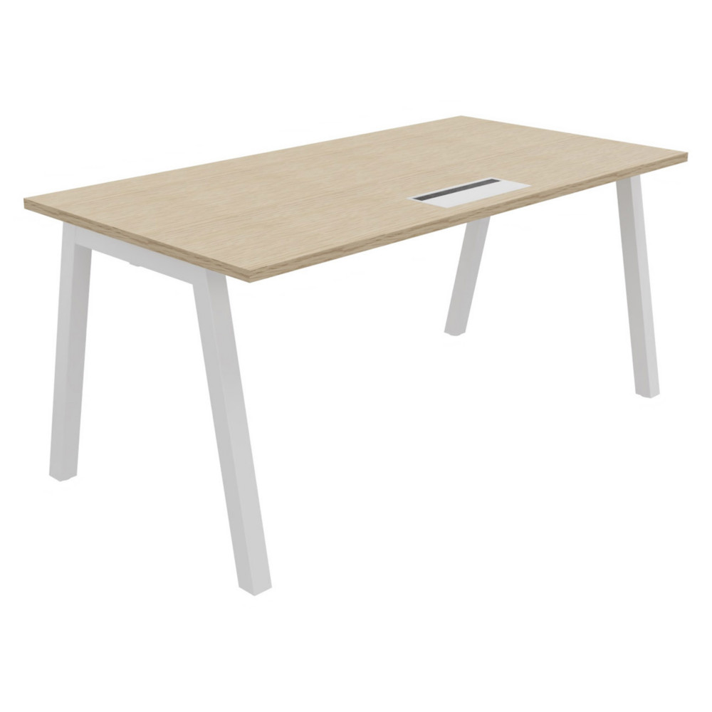 Bureau droit Burocolor A avec trappe d'accs - L.160 x P.80 cm - Plateau Chne - Pieds Blanc