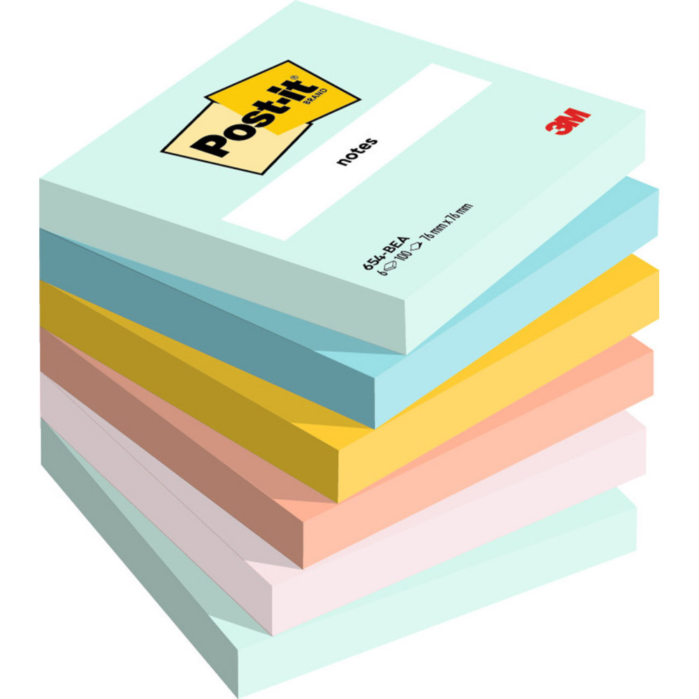 Post-it Notes repositionnables Beachside 76 x 76 mm - Assorties - Lot 6 blocs de 100 feuilles