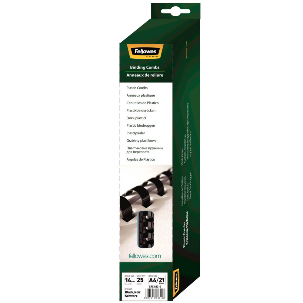 Fellowes Baguettes de reliure anneaux plastique - 14 mm - Noir - Bote de 25