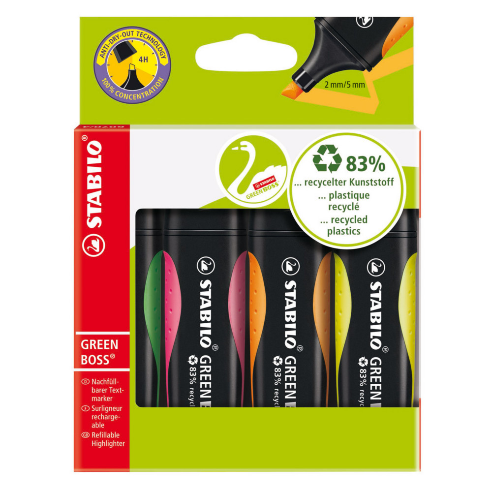 Stabilo Surligneur recycl GREENBOSS Pointe biseaute 2 - 5 mm - lot de 4 assortis