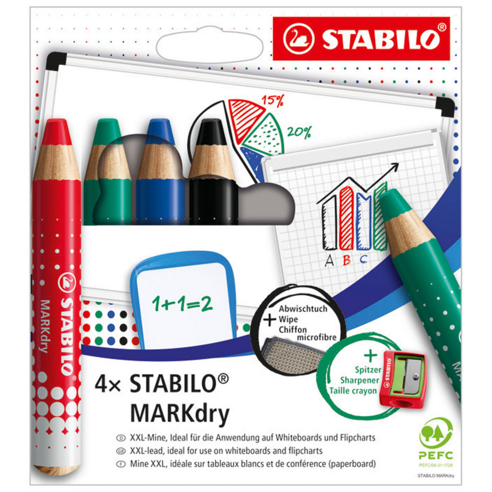 Stabilo MarkDry Crayon marqueur effaable  sec PEFC - Etui de 4 coloris assortis